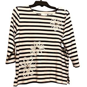 Alfred Dunner Striped Black and White Top with Floral Accents